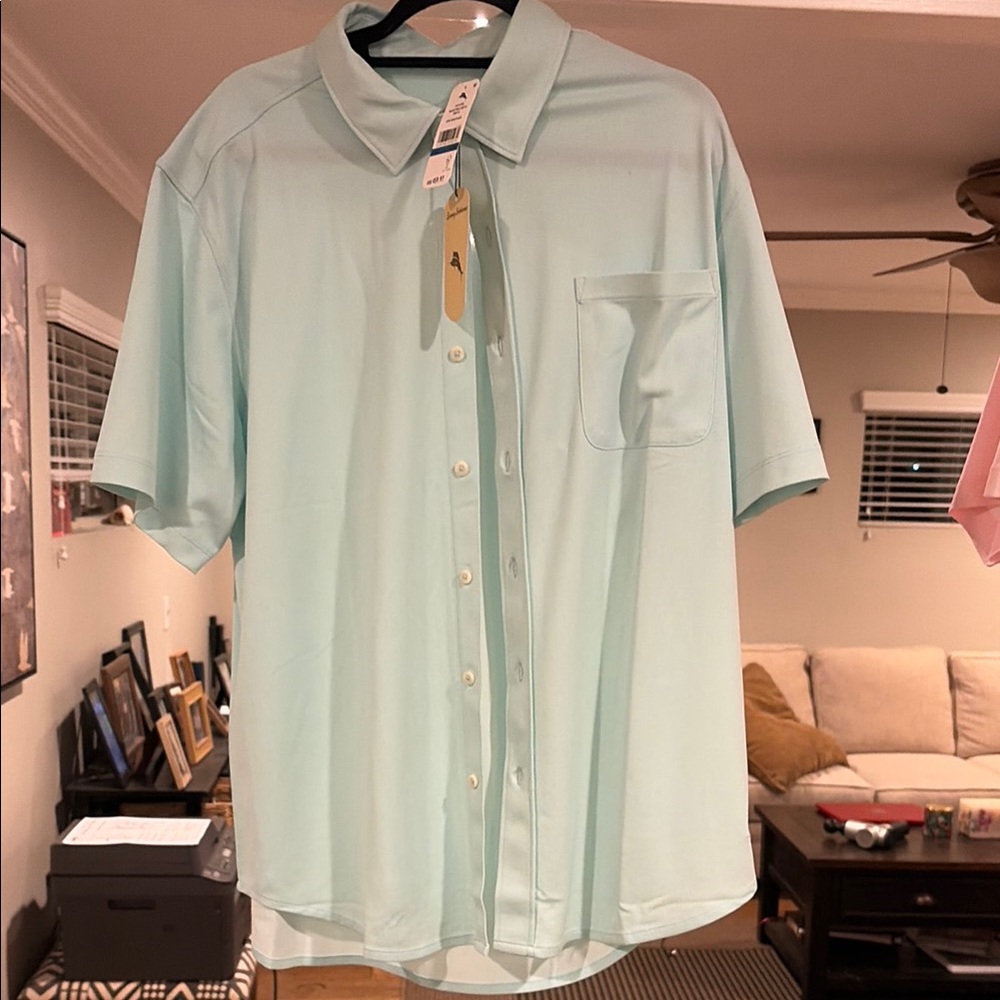 Tommy Bahama San Rio Pique stretch shirt short sleeve.Beach Glass color